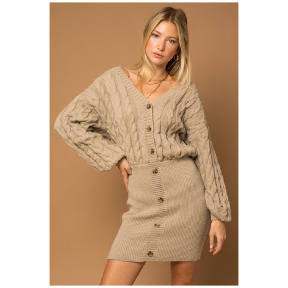 Khaki button down v neck sweater dress